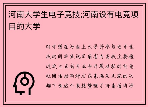 河南大学生电子竞技;河南设有电竞项目的大学